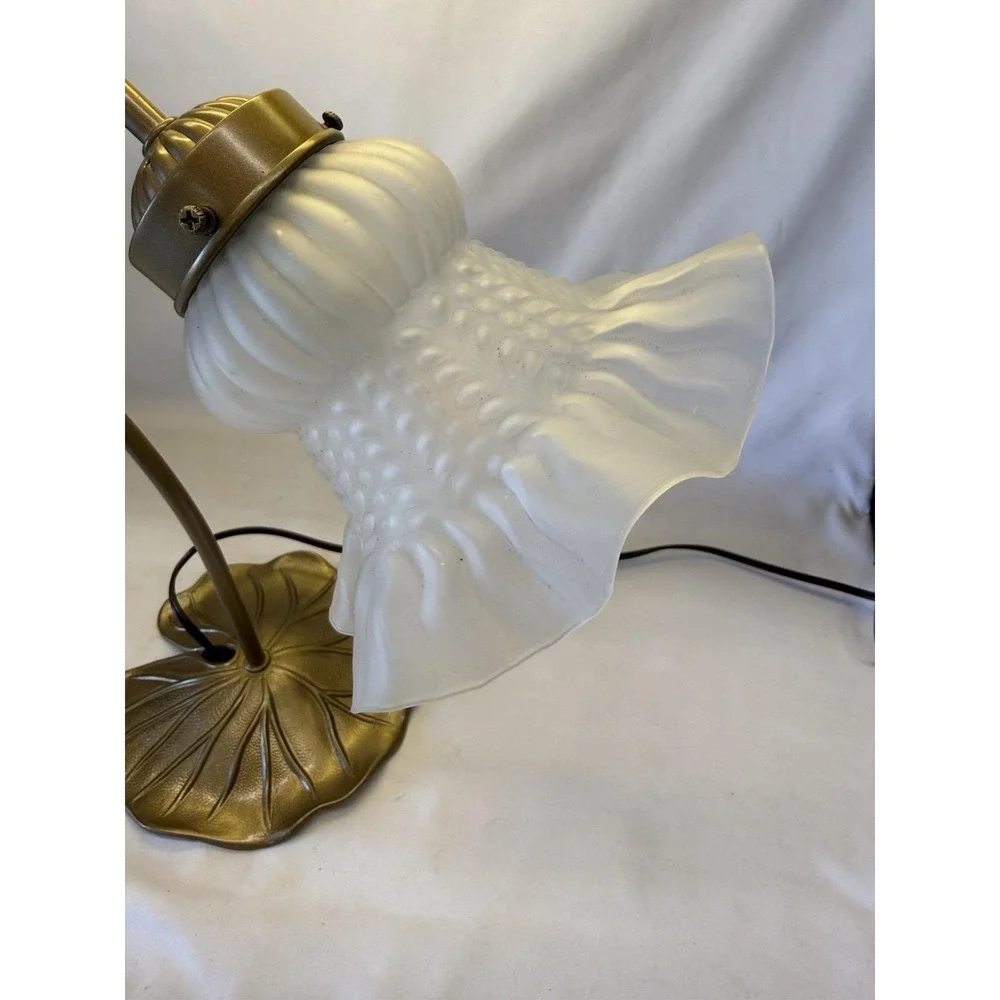 VTG Art Nouveau Gooseneck Lily Pad Desk Lamp W/ White Frosted Ruffled Shade